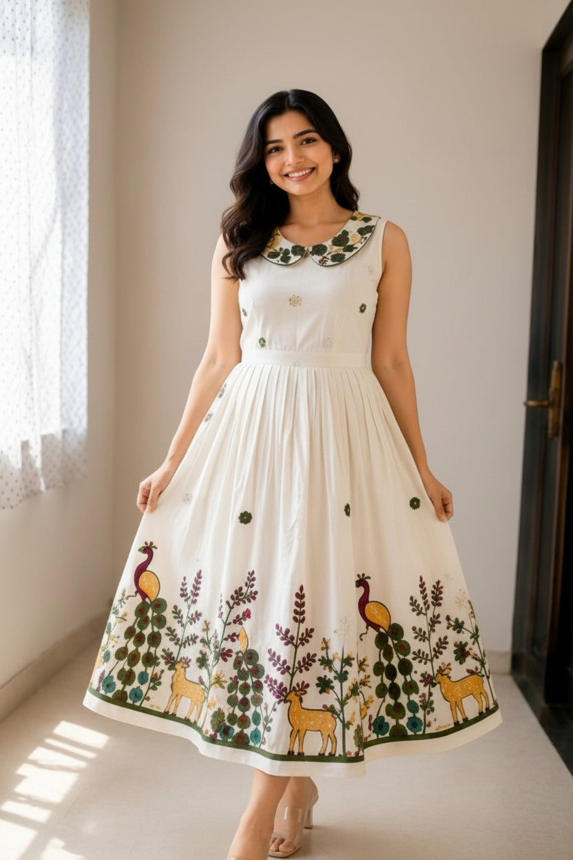 Women's Premium White Floral Fit & Flare Midi Dress | Elegant Casual & Party Wear