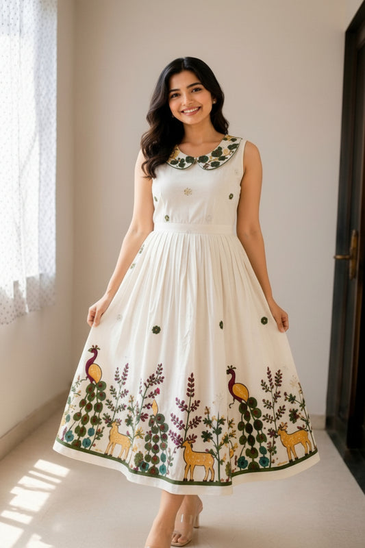 Women's Premium White Floral Fit & Flare Midi Dress | Elegant Casual & Party Wear