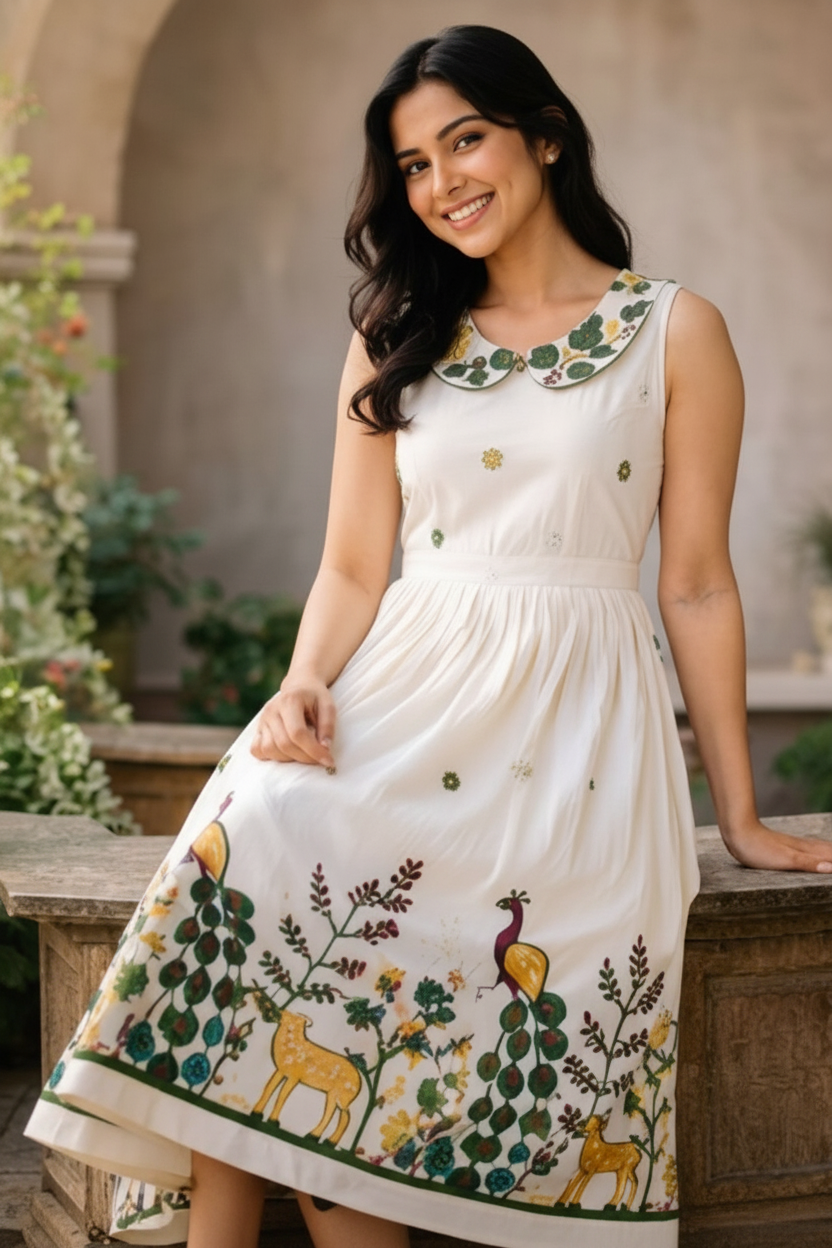 Women's Premium White Floral Fit & Flare Midi Dress | Elegant Casual & Party Wear